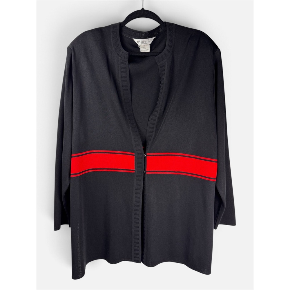 Misook Knit Cardigan Womens 2X Black Red Stripe Hook Eye Open Front